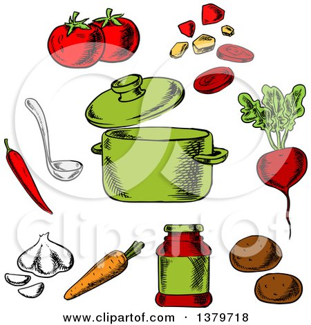 Clipart of a Sketched Soup Pot and Ingredients - Royalty Free Vector Illustration by Vector Tradition SM