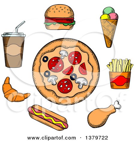 Clipart of a Sketched Circle of Fast Foods - Royalty Free Vector Illustration by Vector Tradition SM