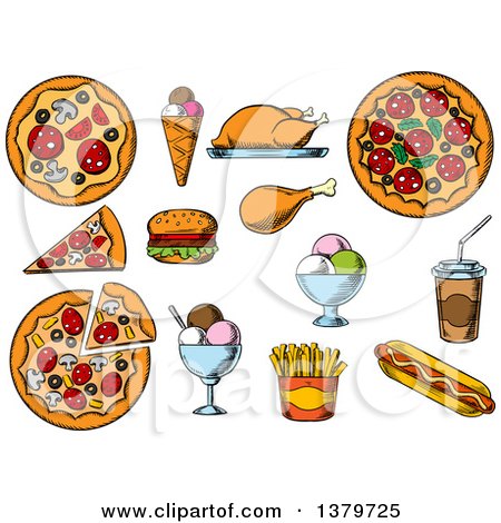 Clipart of Sketched Fast Foods and Ice Cream - Royalty Free Vector Illustration by Vector Tradition SM
