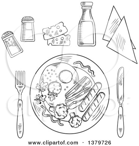 Clipart of a Black and White Sketched Plated Meal and Condiments - Royalty Free Vector Illustration by Vector Tradition SM