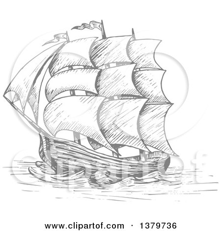 Clipart of a Grayscale Sketched Ship - Royalty Free Vector Illustration by Vector Tradition SM