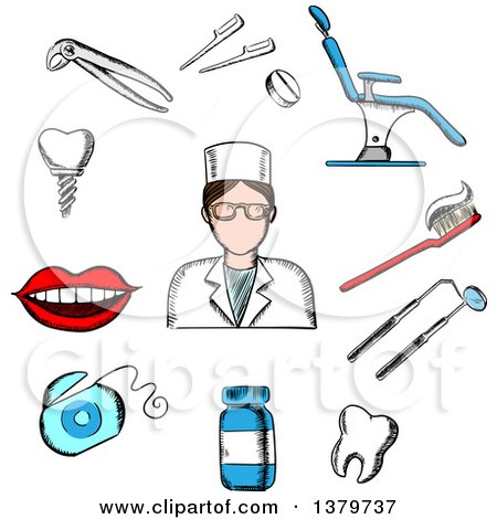 Clipart of a Sketched Dentist and Elements - Royalty Free Vector Illustration by Vector Tradition SM