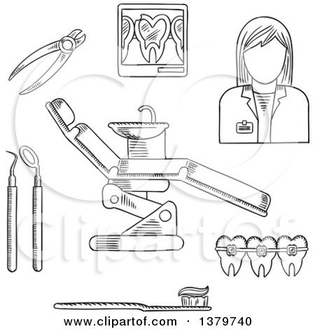 Clipart of a Black and White Sketched Dentist and Accessories - Royalty Free Vector Illustration by Vector Tradition SM