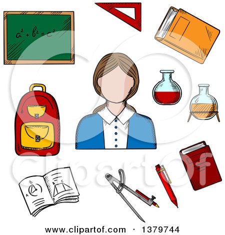 Clipart of a Sketched Teacher and Items - Royalty Free Vector Illustration by Vector Tradition SM