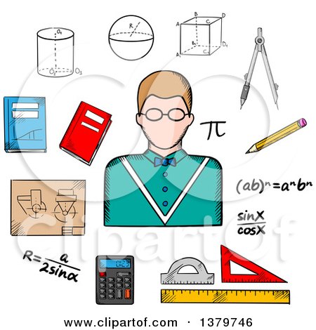 Clipart of a Sketched Teacher and Math Items - Royalty Free Vector Illustration by Vector Tradition SM