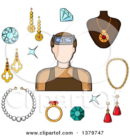 Clipart of a Sketched Jeweler and Icons - Royalty Free Vector Illustration by Vector Tradition SM