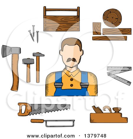 Clipart of a Sketched Carpenter and Tools - Royalty Free Vector Illustration by Vector Tradition SM
