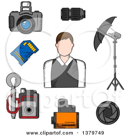 Clipart of a Sketched Photographer and Accessories - Royalty Free Vector Illustration by Vector Tradition SM