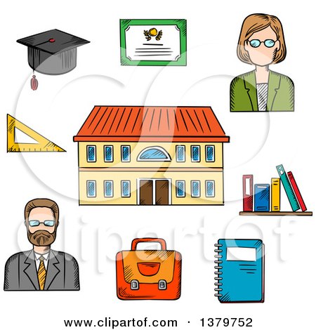Clipart of a Sketched School, Teachers and Items - Royalty Free Vector Illustration by Vector Tradition SM