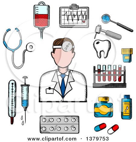 Clipart of a Sketched Doctor and Health Icons - Royalty Free Vector Illustration by Vector Tradition SM