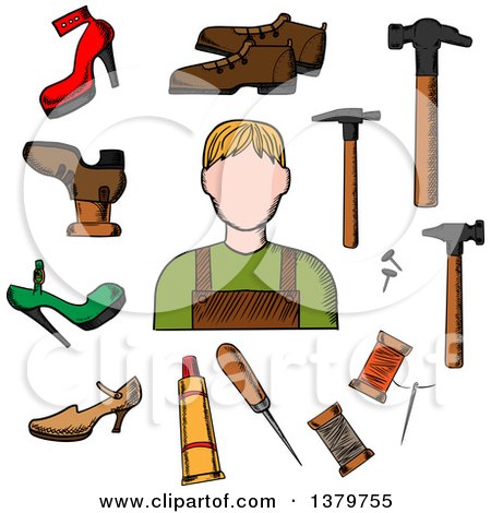 Clipart of a Sketched Cobbler and Accessories - Royalty Free Vector Illustration by Vector Tradition SM