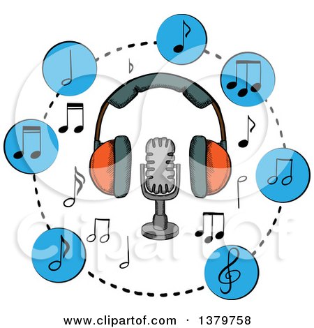 Clipart of a Sketched Microphone, Headphones and Music Notes - Royalty Free Vector Illustration by Vector Tradition SM