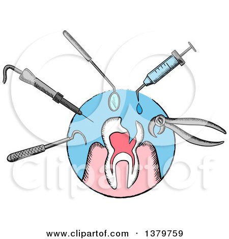 Clipart of a Sketched Tooth and Dental Tools - Royalty Free Vector Illustration by Vector Tradition SM