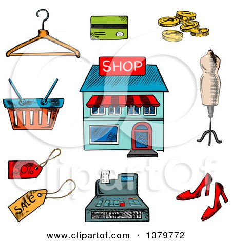 Clipart of a Sketched Shop and Items - Royalty Free Vector Illustration by Vector Tradition SM