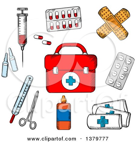 Clipart of a Sketched First Aid Kit and Medical Items - Royalty Free Vector Illustration by Vector Tradition SM