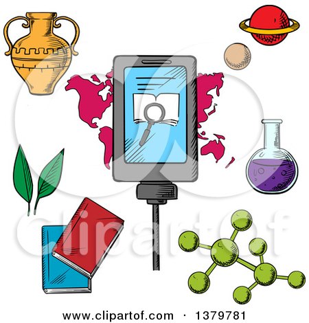 Clipart of a Sketched Smart Phone with Biology and Science Icons - Royalty Free Vector Illustration by Vector Tradition SM