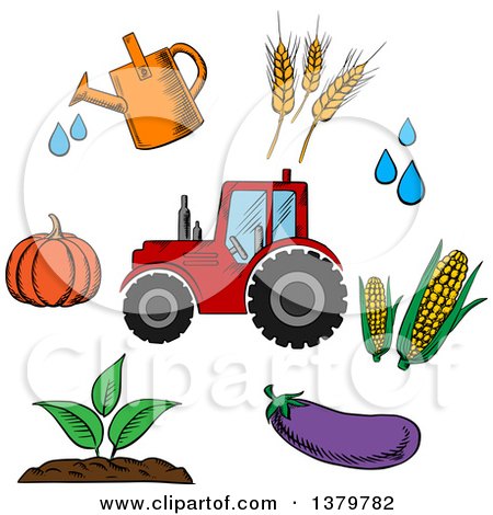Clipart of a Sketched Tractor and Farming Icons - Royalty Free Vector Illustration by Vector Tradition SM