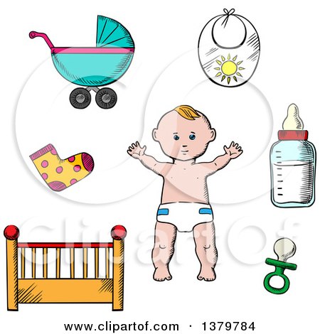 Clipart of a Sketched Baby and Items - Royalty Free Vector Illustration by Vector Tradition SM