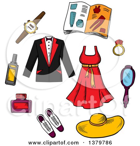 Clipart of Sketched Apparel and Fashion Icons - Royalty Free Vector Illustration by Vector Tradition SM