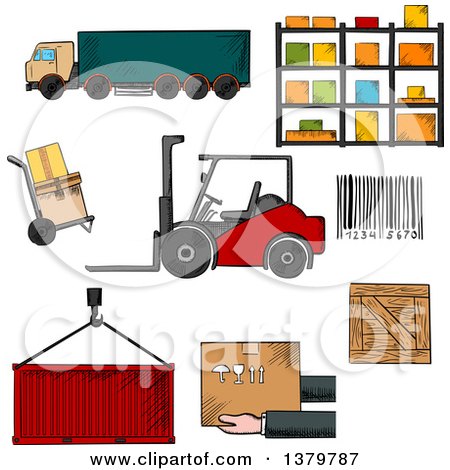 Clipart of Sketched Warehouse and Shipping Icons - Royalty Free Vector Illustration by Vector Tradition SM
