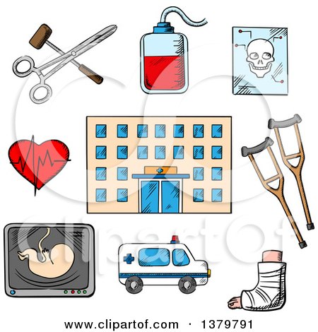 Clipart of a Sketched Hospital and Icons - Royalty Free Vector Illustration by Vector Tradition SM