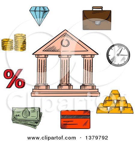 Clipart of a Sketched Bank and Finance Icons - Royalty Free Vector Illustration by Vector Tradition SM