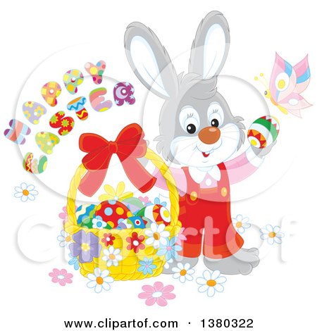 Clipart of a Gray Male Easter Bunny Rabbit in Overalls with a Greeting, Butterfly and Basket of Eggs - Royalty Free Vector Illustration by Alex Bannykh