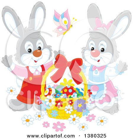 Clipart of a Gray Easter Bunny Rabbit Pair with a Basket of Eggs - Royalty Free Vector Illustration by Alex Bannykh