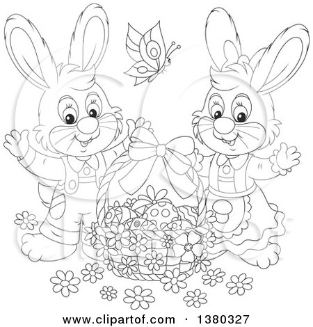 Clipart of a Black and White Easter Bunny Rabbit Couple with a Basket of Eggs - Royalty Free Vector Illustration by Alex Bannykh