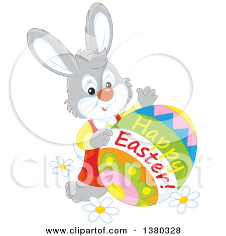Clipart of a Gray Bunny Rabbit with a Decorated Happy Easter Egg - Royalty Free Vector Illustration by Alex Bannykh