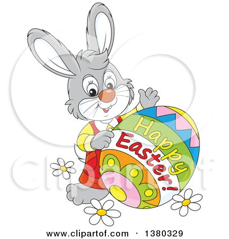 Clipart of a Gray Bunny with a Decorated Happy Easter Egg - Royalty Free Vector Illustration by Alex Bannykh