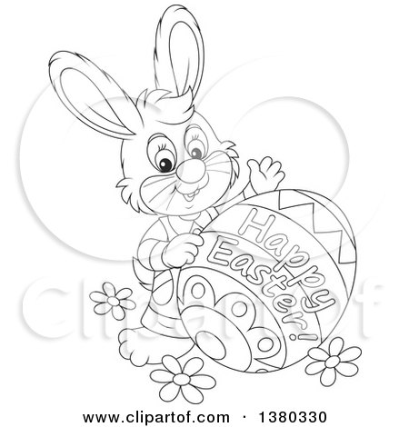 Clipart of a Black and White Bunny with a Decorated Happy Easter Egg - Royalty Free Vector Illustration by Alex Bannykh