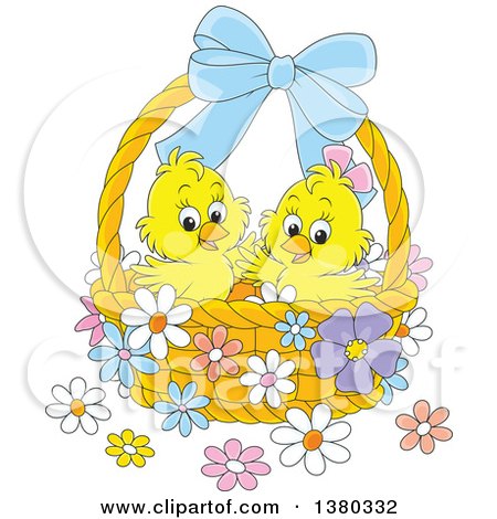 Clipart of a Basket with Two Cute Easter Chicks and Flowers - Royalty Free Vector Illustration by Alex Bannykh