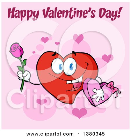 Clipart of a Happy Valentines Day Greeting over a Heart Character Holding a Rose and Candy Box on Pink - Royalty Free Vector Illustration by Hit Toon