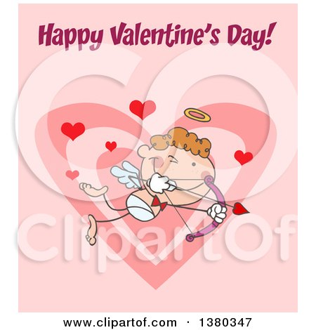 Clipart of a Happy Valentines Day Greeting over an Aiming Stick Cupid on Pink - Royalty Free Vector Illustration by Hit Toon