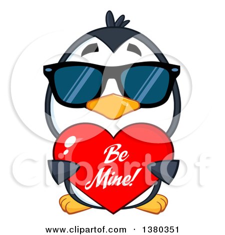 Clipart of a Cute Valentines Day Penguin Wearing Sunglasses and Holding a Be Mine Love Heart - Royalty Free Vector Illustration by Hit Toon