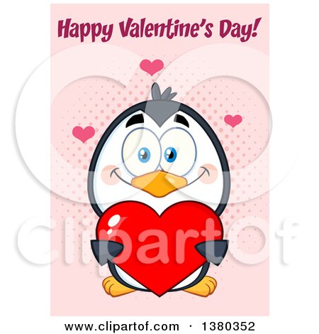 Clipart of a Happy Valentines Day Greeting over a Cute Day Penguin Holding a Love Heart over Pink - Royalty Free Vector Illustration by Hit Toon