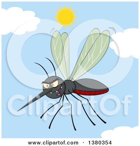Clipart of a Grinning Evil Mosquito Against Sky - Royalty Free Vector Illustration by Hit Toon