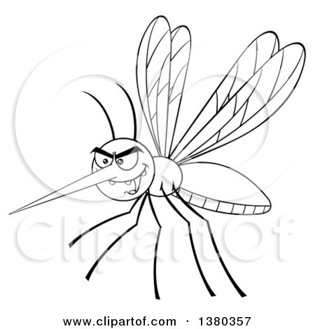 Clipart of a Black and White Lineart Grinning Evil Mosquito - Royalty Free Vector Illustration by Hit Toon