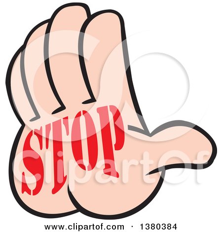 Clipart of a Caucasian Hand Gesturing to Hold It with Stop Text - Royalty Free Vector Illustration by Johnny Sajem