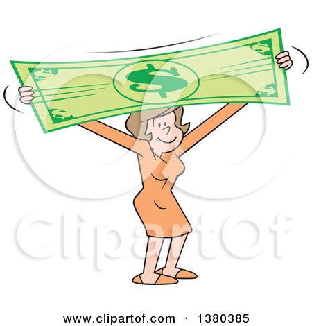 Clipart of a Pleased Brunette Caucasian Woman Stretching the Dollar - Royalty Free Vector Illustration by Johnny Sajem