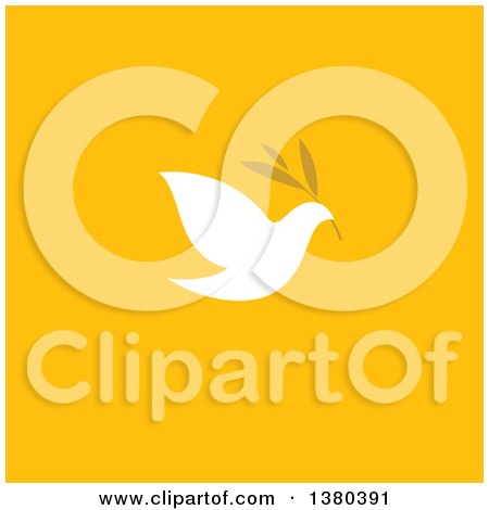 Clipart of a White Peace Dove Flying with a Branch over Yellow - Royalty Free Vector Illustration by elena