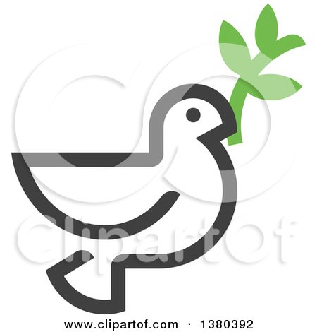 Clipart of a Dark Gray Peace Dove Flying with a Branch - Royalty Free Vector Illustration by elena