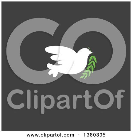 Clipart of a White Peace Dove Flying with a Branch over Dark Gray - Royalty Free Vector Illustration by elena
