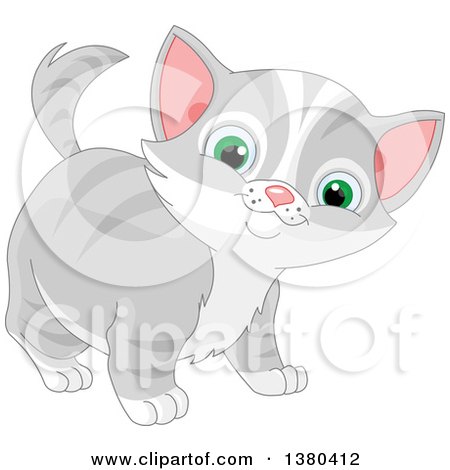 Clipart of a Cute Green Eyed Gray and White Tabby Cat Kitten - Royalty Free Vector Illustration by Pushkin