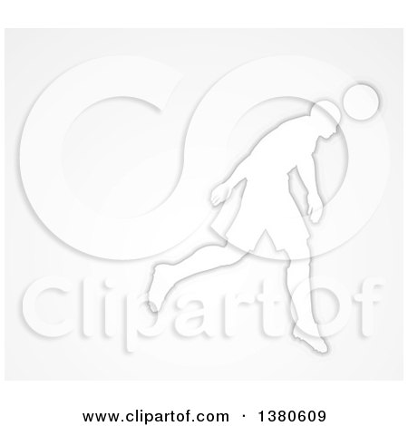 Clipart of a White Silhouetted Male Soccer Player Heading a Ball, over Gray - Royalty Free Vector Illustration by AtStockIllustration