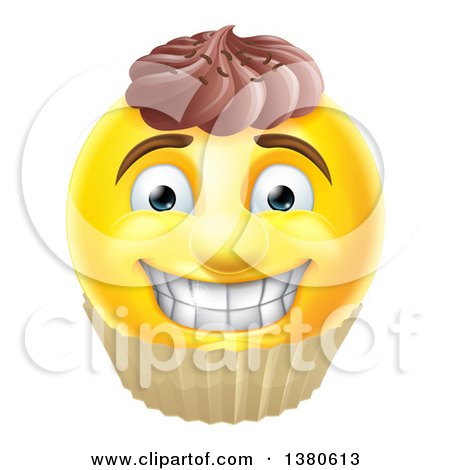 Clipart of a 3d Yellow Male Smiley Emoji Emoticon Face Cupcake - Royalty Free Vector Illustration by AtStockIllustration