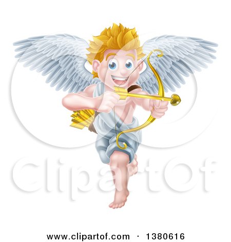 Clipart of a Happy Blond Caucasian Valentines Day Cupid Smiling and Aiming an Arrow - Royalty Free Vector Illustration by AtStockIllustration