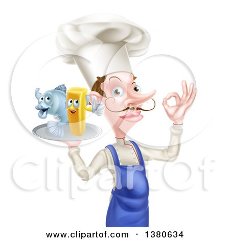 Clipart of a White Male Chef with a Curling Mustache, Gesturing Ok and Holding a Fish and Chips on a Tray - Royalty Free Vector Illustration by AtStockIllustration