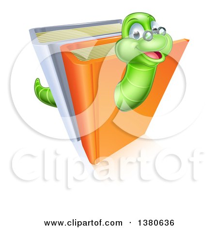 Clipart of a Happy Bespectacled Green Earthworm Emerging from Books - Royalty Free Vector Illustration by AtStockIllustration